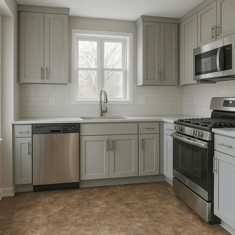Kitchen with stone-look luxury vinyl tile flooring in a warm brown tone