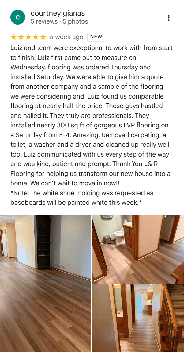 Google review from Courtney Gianas — 5 stars for L&R Flooring Solutions