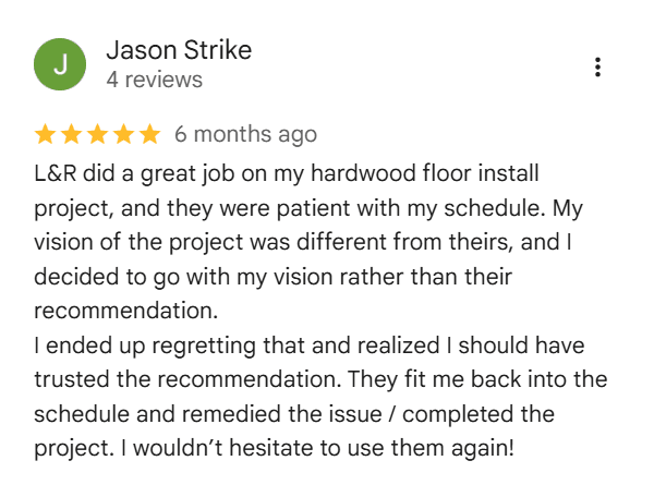 Google review from Jason Strike — 5 stars for L&R Flooring Solutions